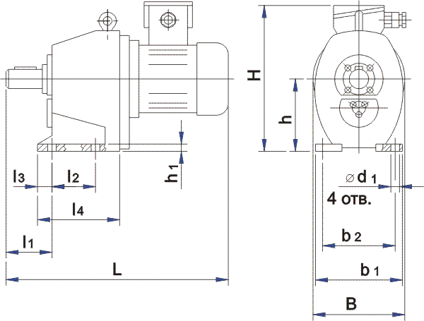 Габаритные и присоединительные размеры (исполнение на лапах) 1МЦ2С63H-1МЦ2С100H